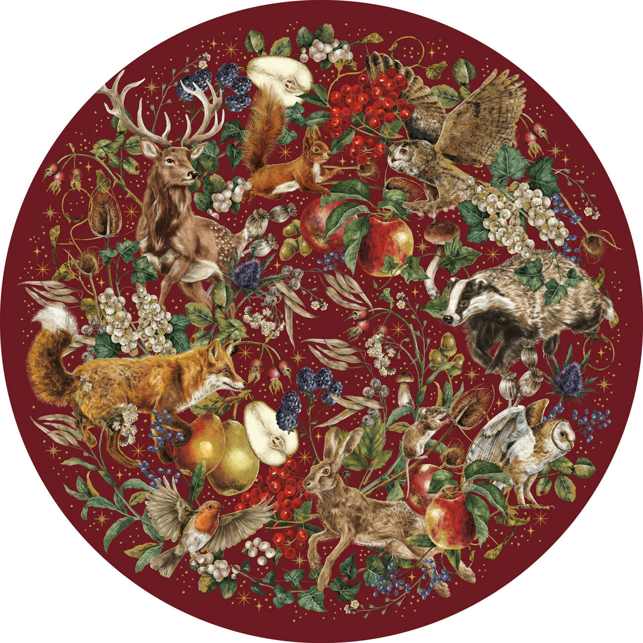 Circular puzzle design with various animals and nature elements on a red background