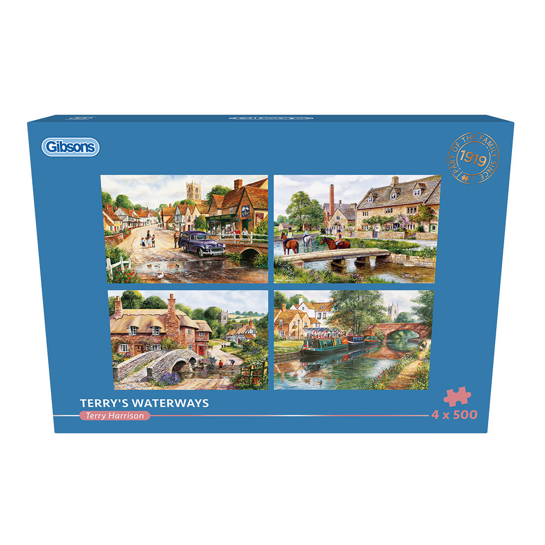 Terry's Waterways 4x 500 Piece Jigsaw Puzzle by Gibsons  in blue retail box front view