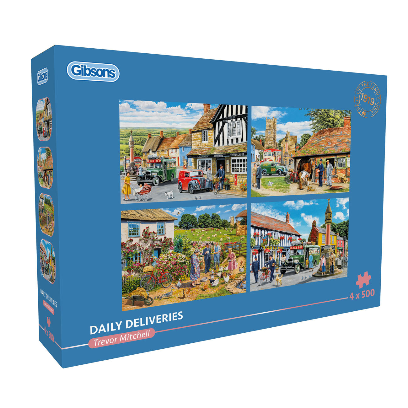 Gibsons Daily Deliveries 4x500 Piece Jigsaw puzzles for adults in blue retail box packaging
