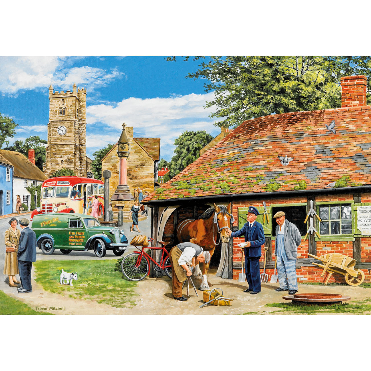 Nostalgic scenic farm scene with people, and animals