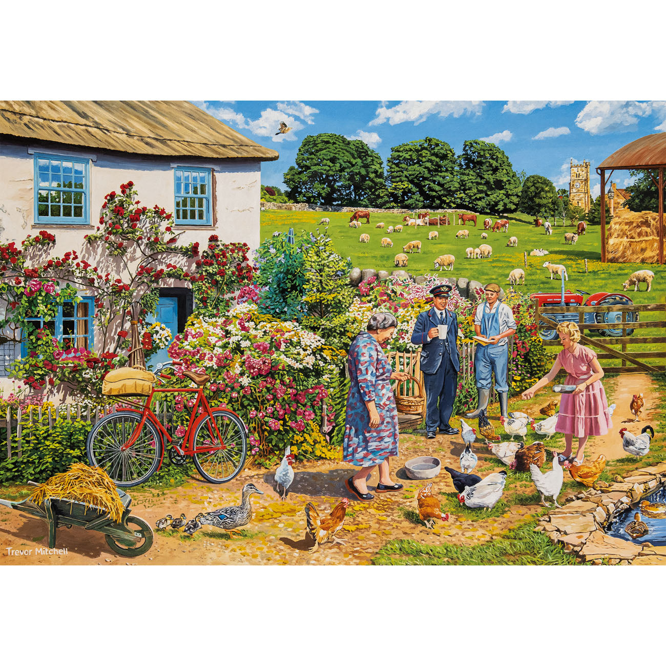Nostalgic scenic farm scene with people, and animals
