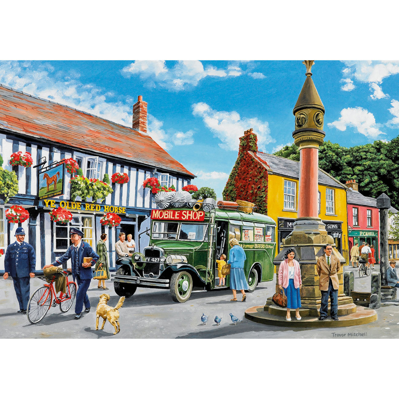 Vintage scene with a mobile shop bus, people, and a dog in a town square.
