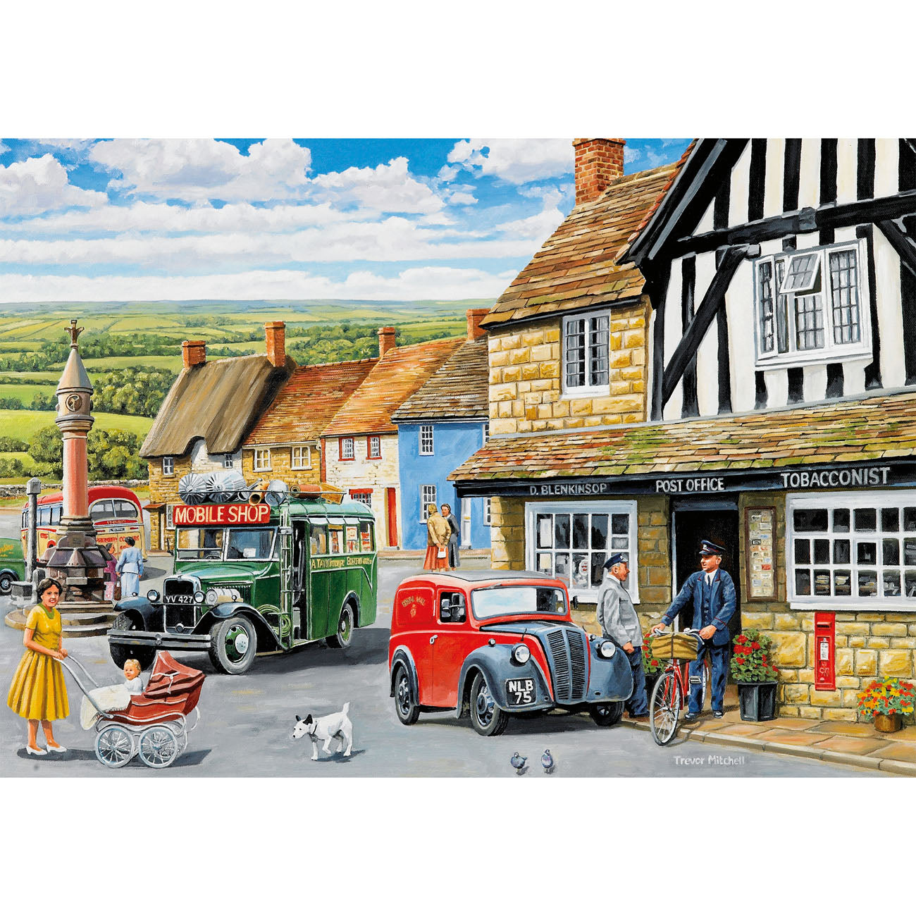 Nostalgic scenic village scene with people, and animals and vintage cars
