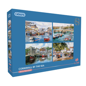 Gibsons puzzle box featuring 'Cornwall by the Sea' artwork with boats and coastal buildings.