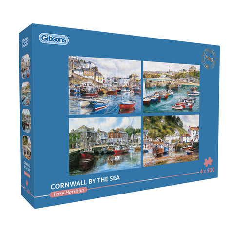 Gibsons puzzle box featuring 'Cornwall by the Sea' artwork with boats and coastal buildings.
