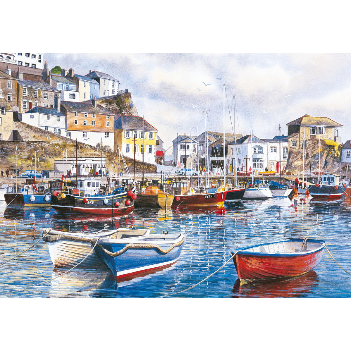 Gibsons puzzle box featuring 'Cornwall by the Sea' artwork with boats and coastal buildings - Mevagissey