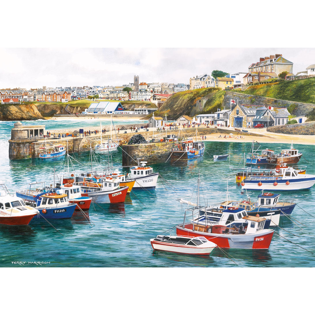 Gibsons puzzle box featuring 'Cornwall by the Sea' artwork with boats and coastal buildings - Newquay