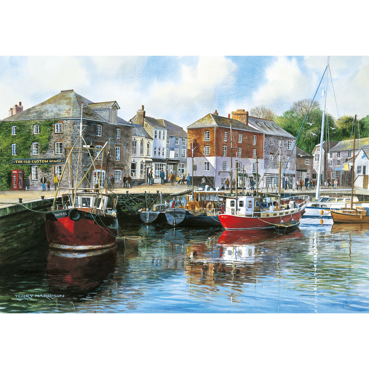 Gibsons puzzle box featuring 'Cornwall by the Sea' artwork with boats and coastal buildings - Padstow-A-Harbour