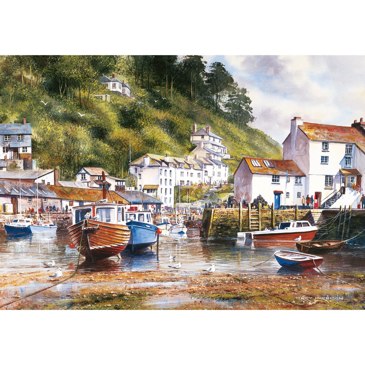 Gibsons puzzle box featuring 'Cornwall by the Sea' artwork with boats and coastal buildings - Polperro