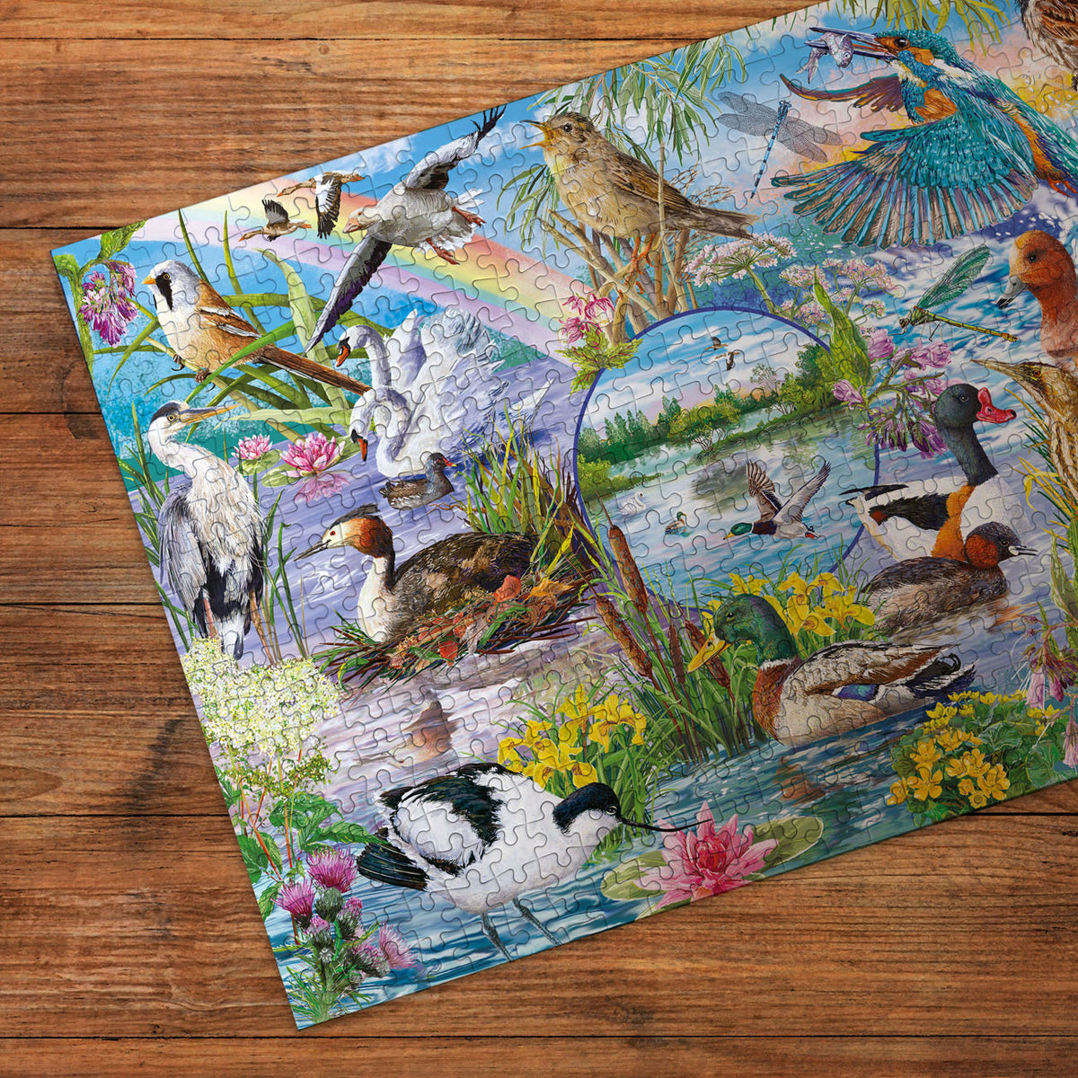Bird-themed puzzle on a wooden surface