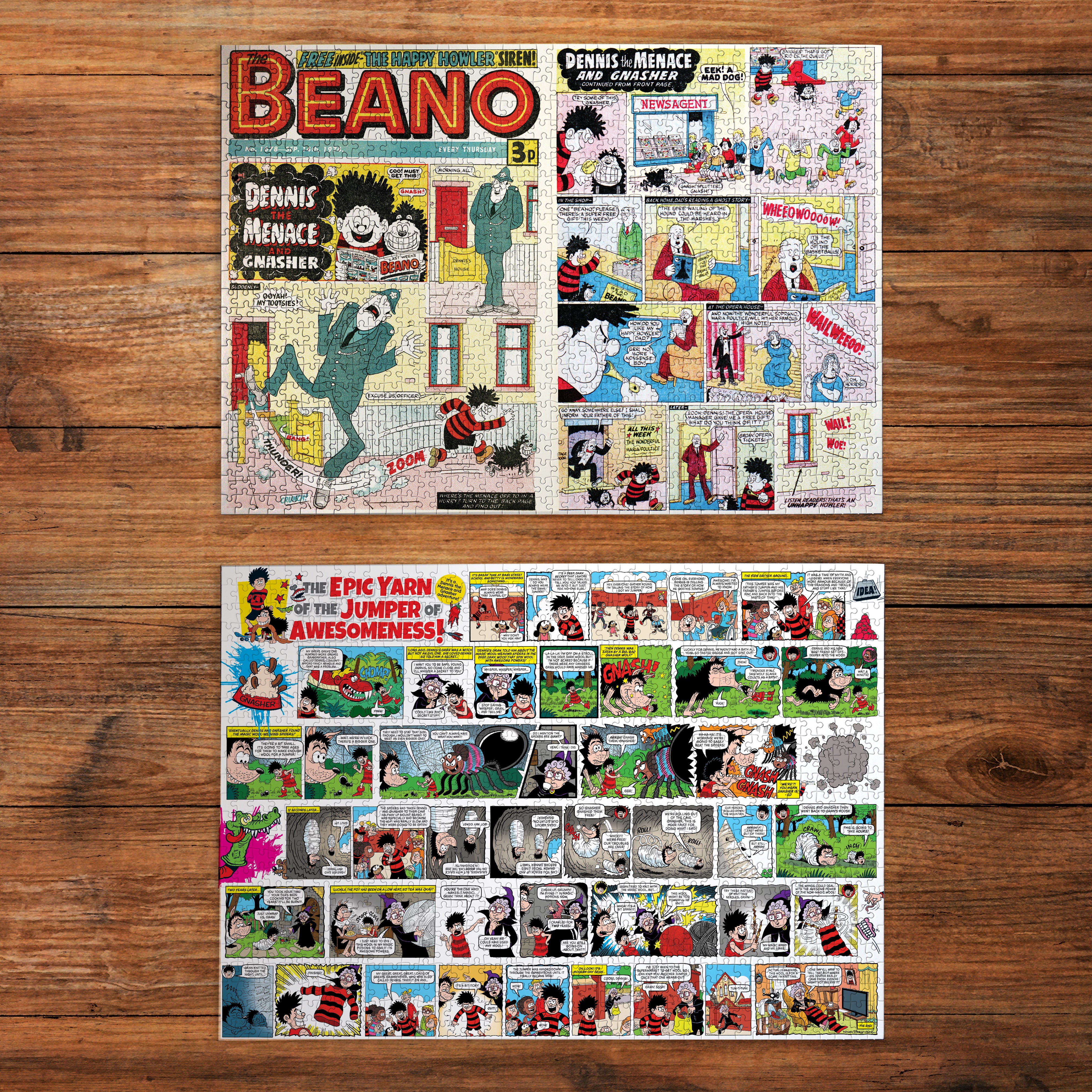 Two vintage-style comic book covers featuring Beano-style illustrated characters and panels, displayed flat on a brown wood background. The top cover is larger and shows the title 'BEANO' prominently, while the bottom cover is a collage of many comic panels.