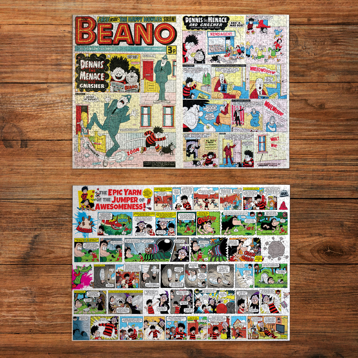 Two vintage-style comic book covers featuring Beano-style illustrated characters and panels, displayed flat on a brown wood background. The top cover is larger and shows the title 'BEANO' prominently, while the bottom cover is a collage of many comic panels.