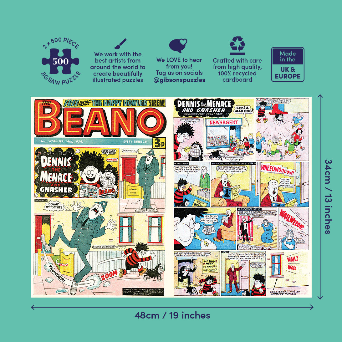 A 500-piece jigsaw puzzle featuring a Dennis Menace comic strip cover, shown on a teal background with product dimensions and feature callouts.