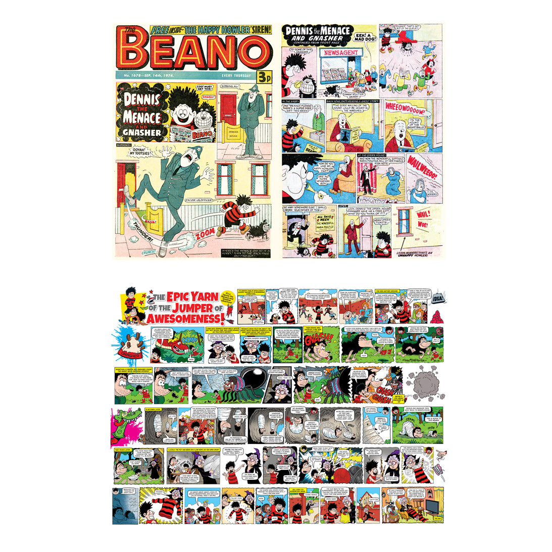 A collection of vintage-style comic strip posters and prints featuring Beano and Dennis Menace, arranged on a plain white background.