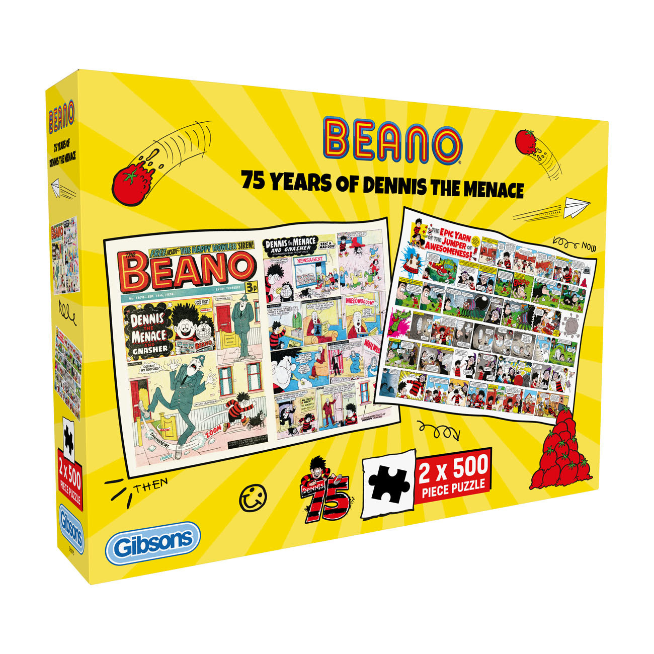 Gibsons Beano puzzle box celebrating 75 years of Dennis the Menace with comic book panels and Gibsons logo.