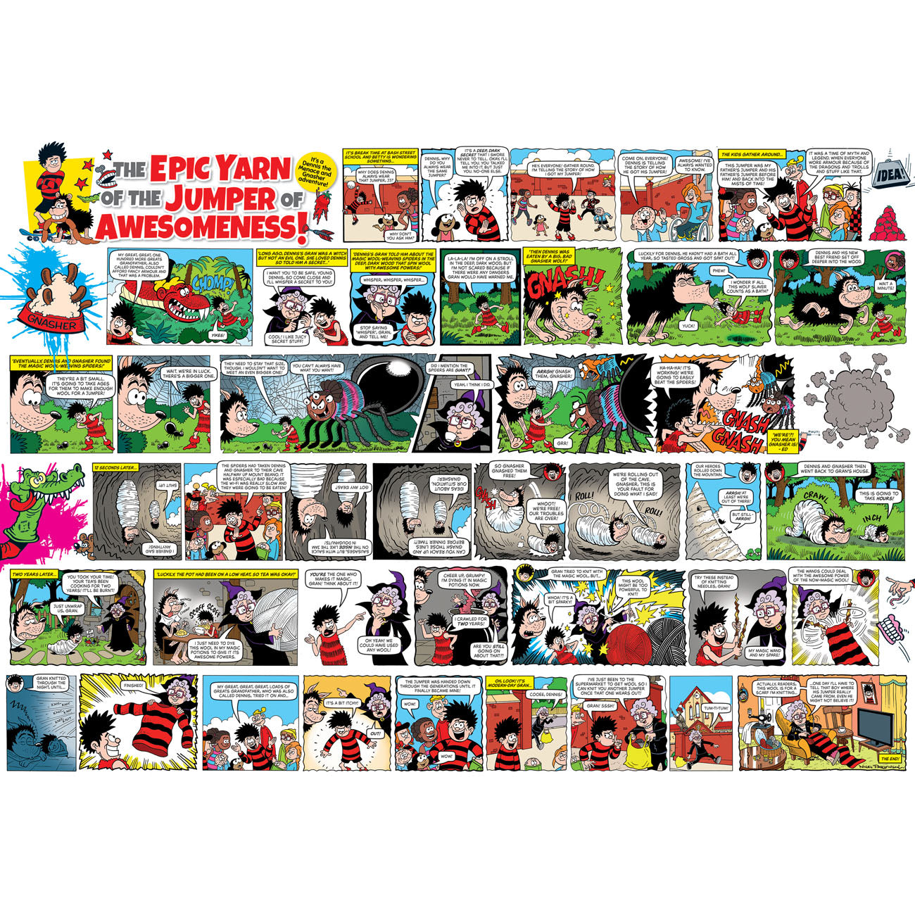 Comic strip with multiple panels featuring the character Dennis in a red and black striped shirt.