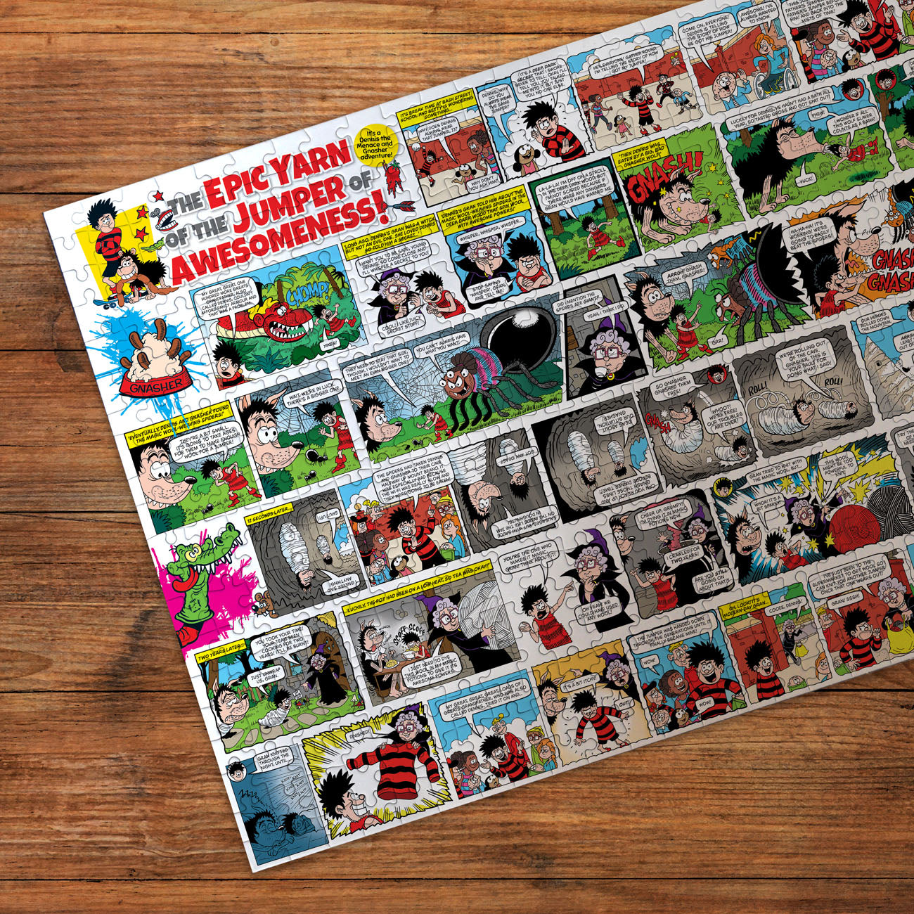 Comic strip on a wooden surface with colorful characters and text.