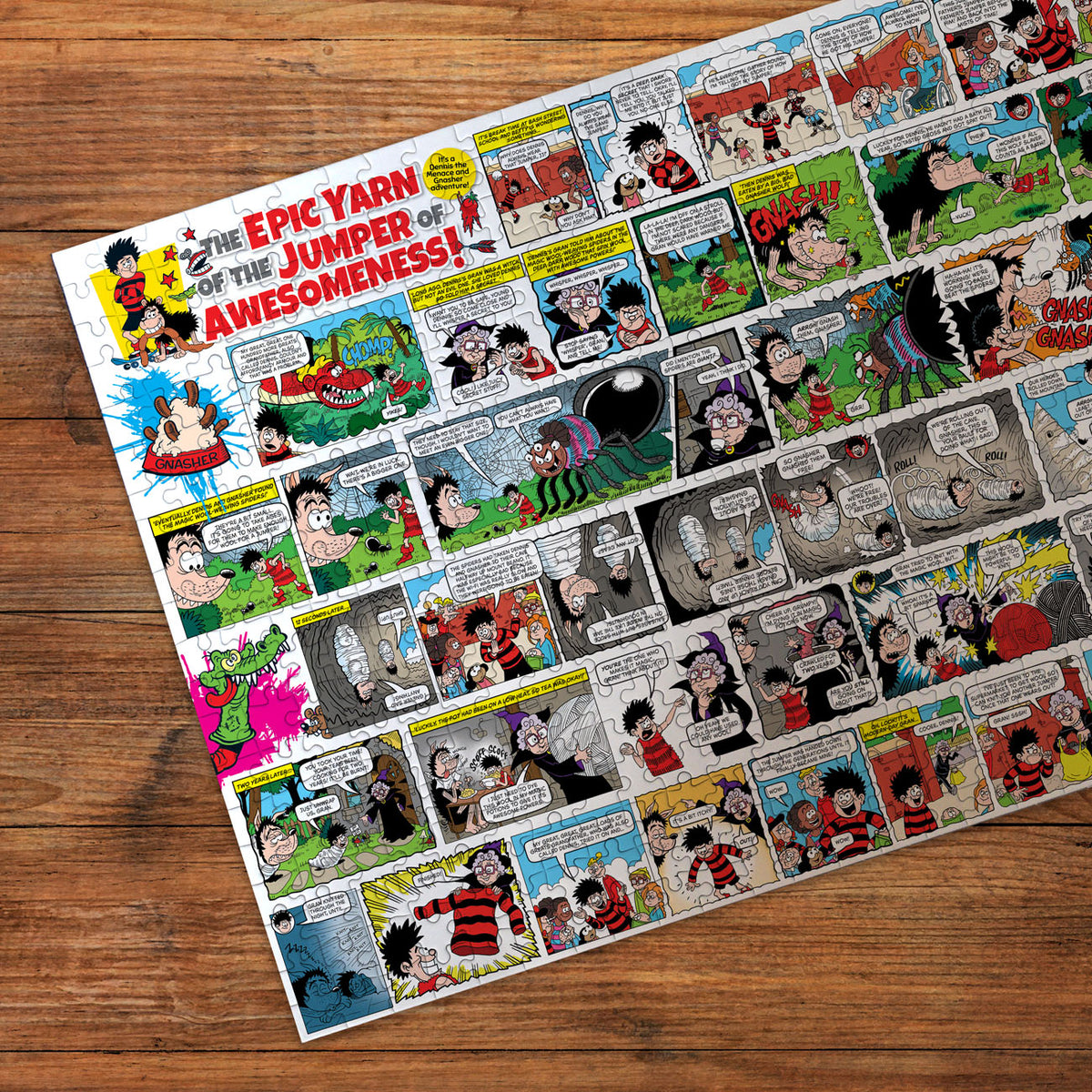 Comic strip on a wooden surface with colorful characters and text.