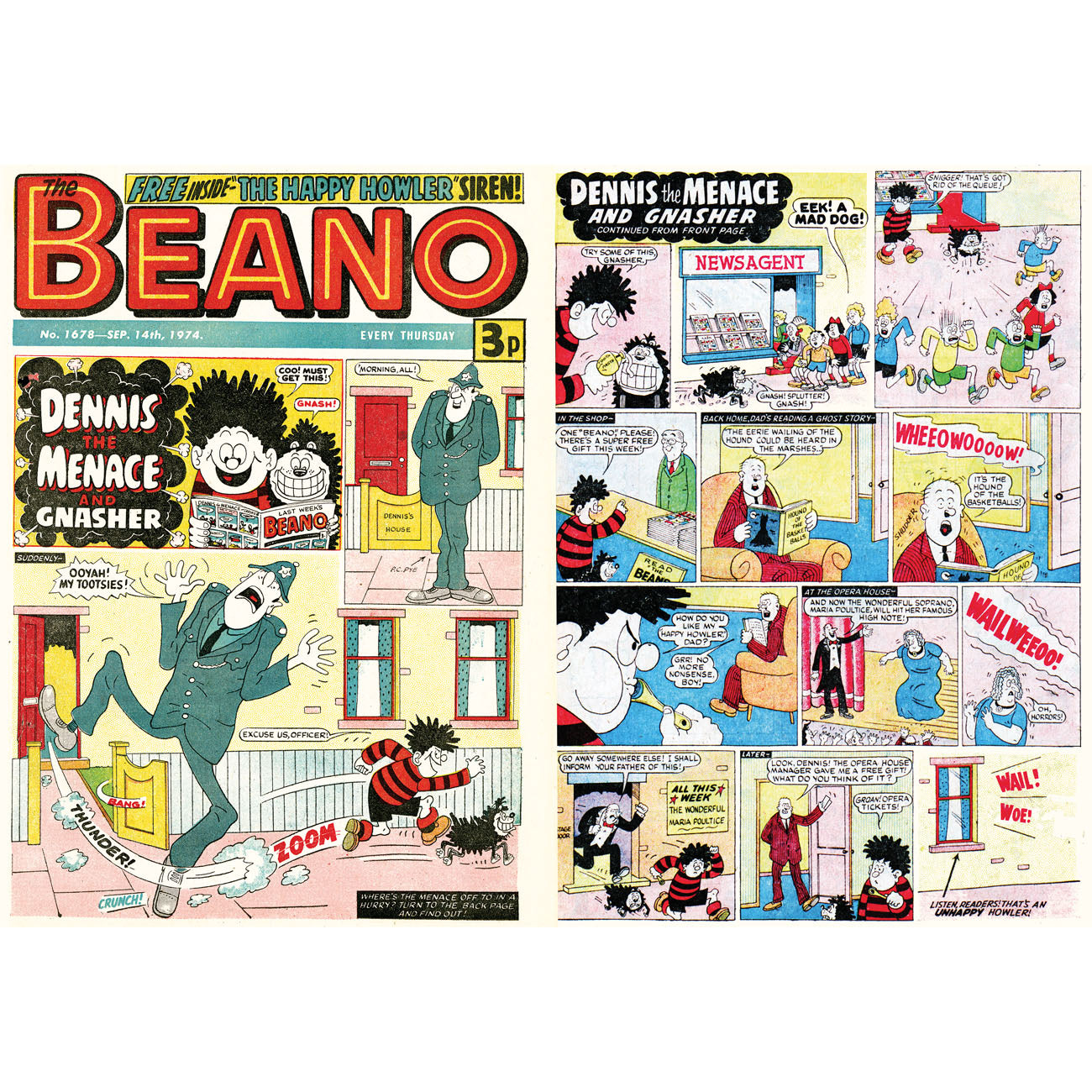 Vintage comic book cover featuring 'The Beano' with Dennis the Menace and Gnasher.