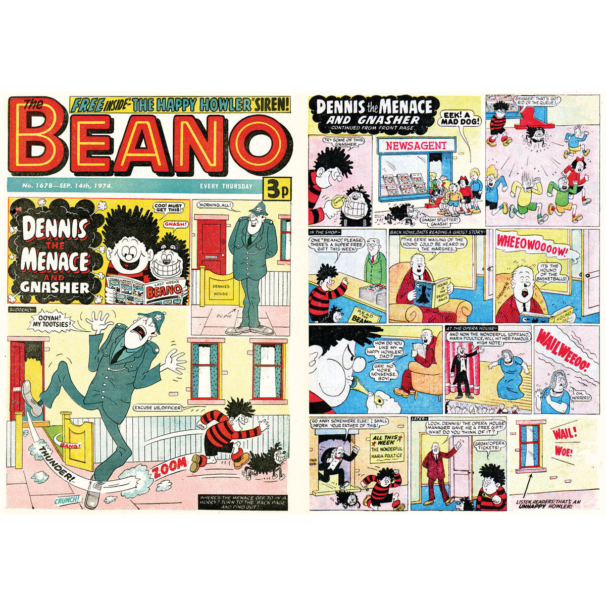Vintage comic book cover featuring 'The Beano' with Dennis the Menace and Gnasher.
