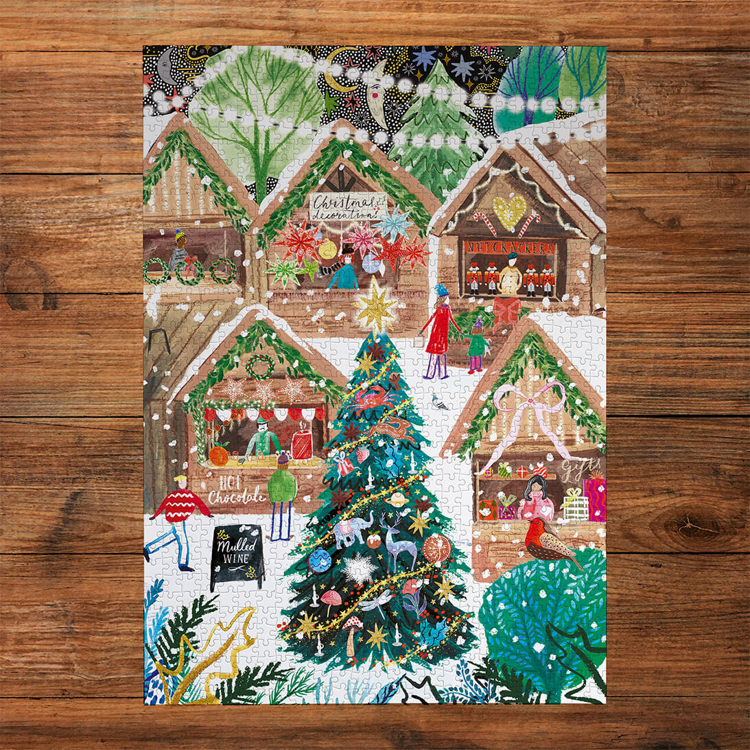 Gibsons Christmas in London 3x500 Gift Multi-box Christmas Market magic made up on wooden table