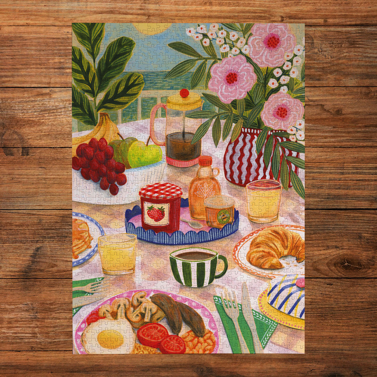 Colourful illustration of a breakfast scene with food and flowers on a wooden surface