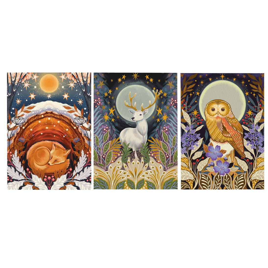 A set of three vertical art prints featuring whimsical woodland animal illustrations: a sleeping fox in a tree hollow under a full moon, a white deer with antlers standing in a starry meadow, and an owl perched among flowers against a moonlit sky.