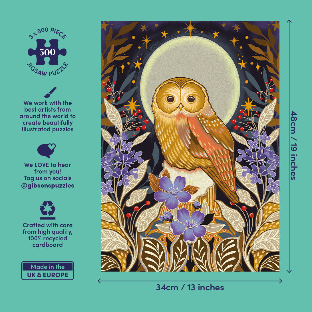 Gibsons 'Moonlight Magic' puzzle box with owl design and puzzle measurements