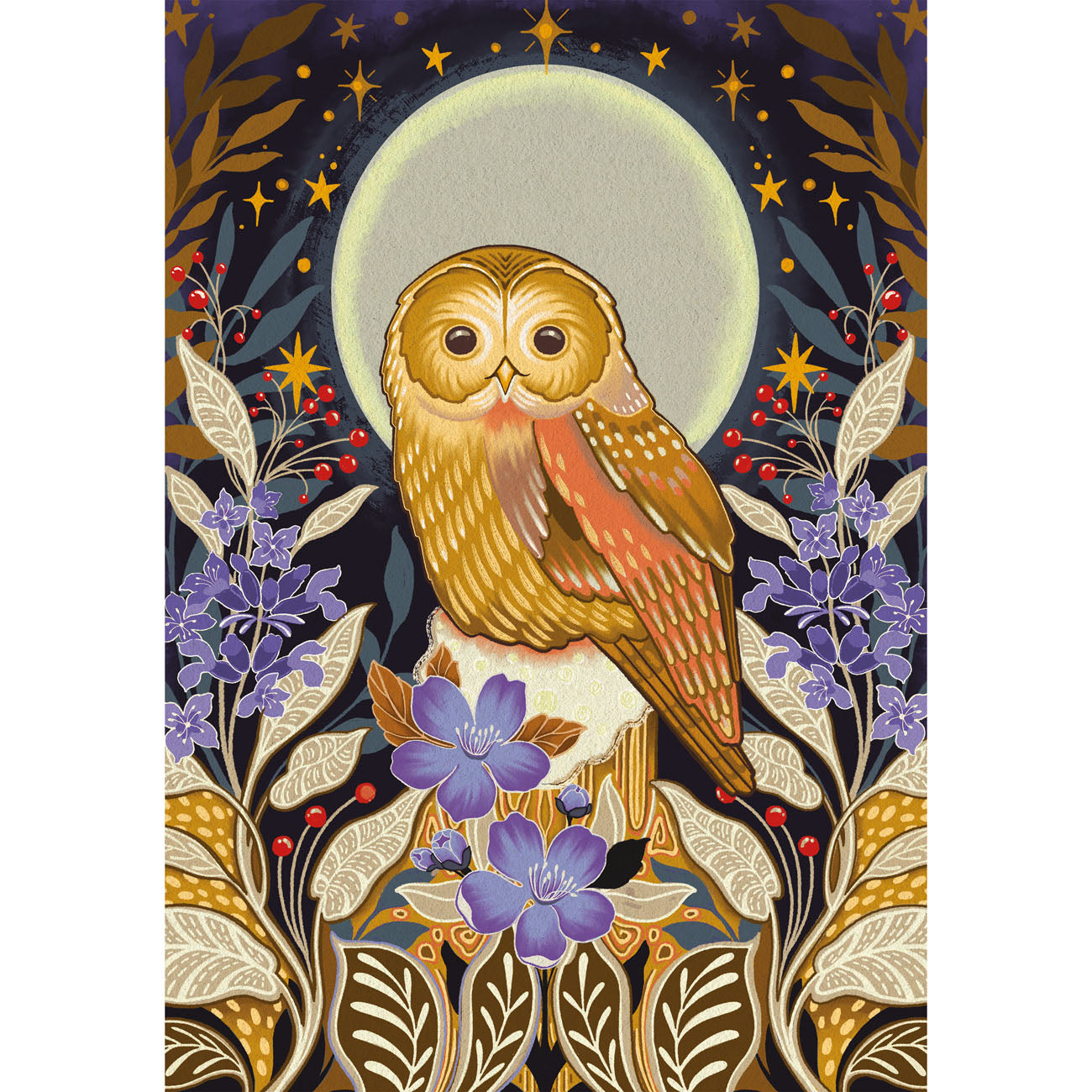 Decorative panel with an owl, flowers, and celestial elements on a dark background