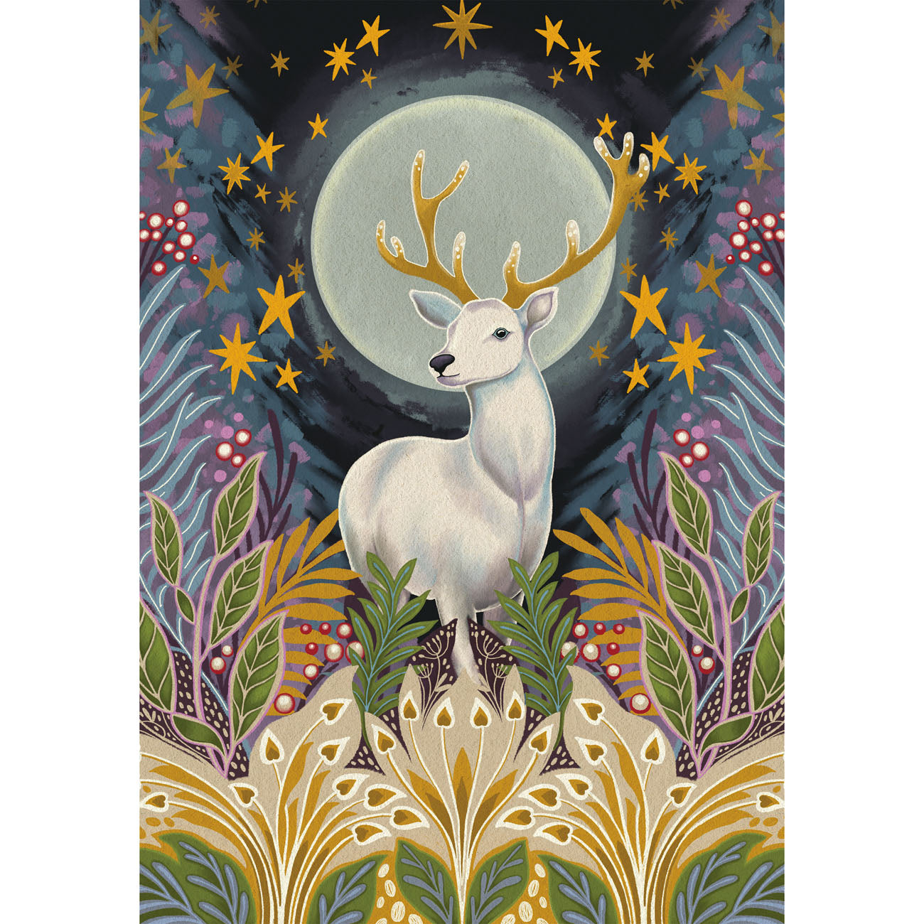 White deer with gold antlers in a mystical forest setting with stars and flowers.
