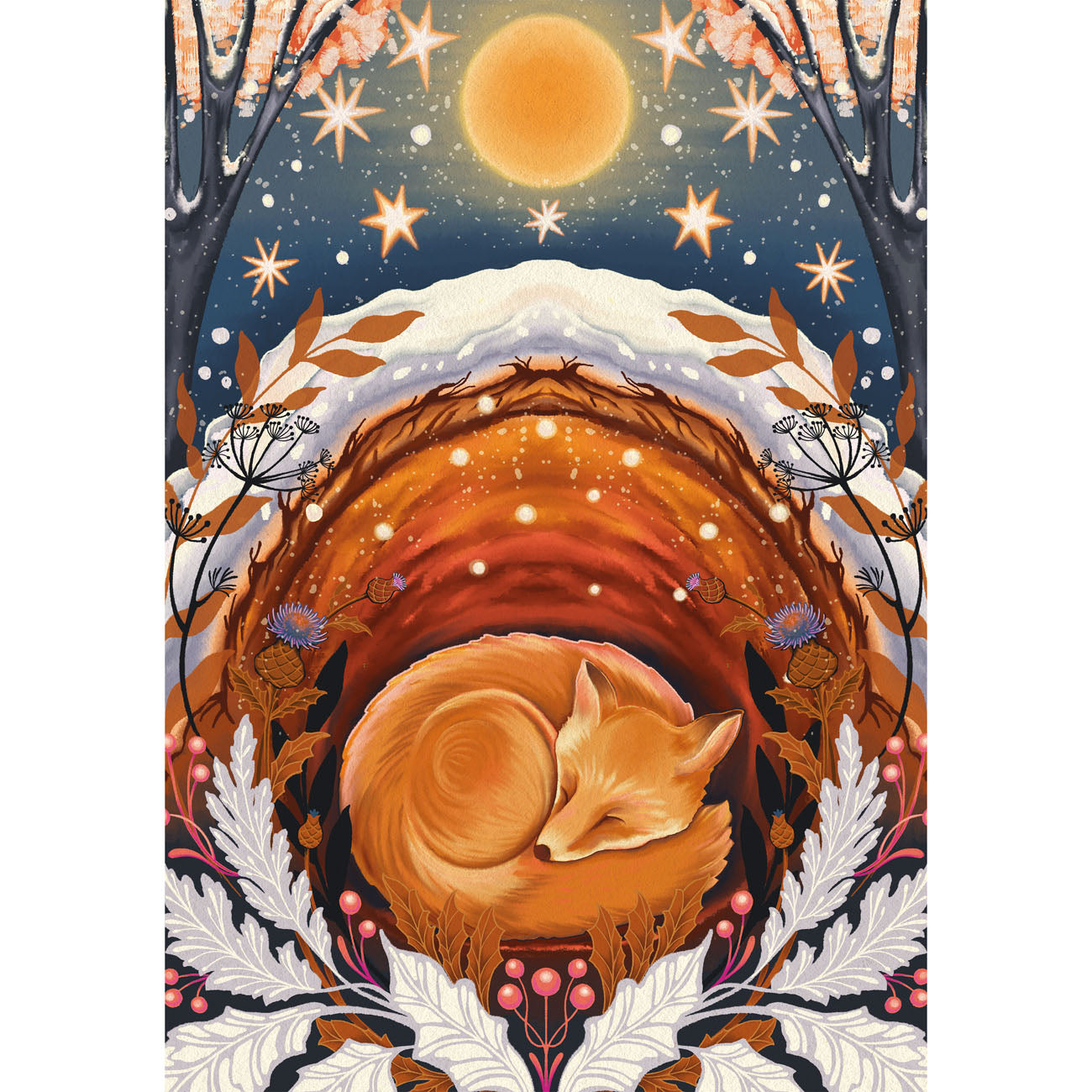 Illustration of a sleeping fox with a starry night sky and snow-capped mountains.