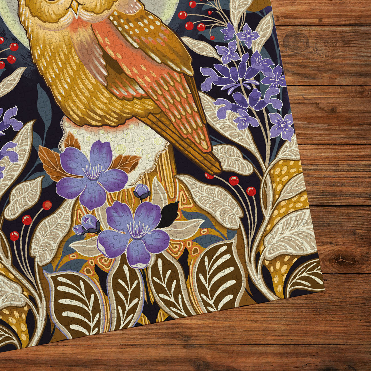Decorative panel with an owl, flowers, and celestial elements on a dark background