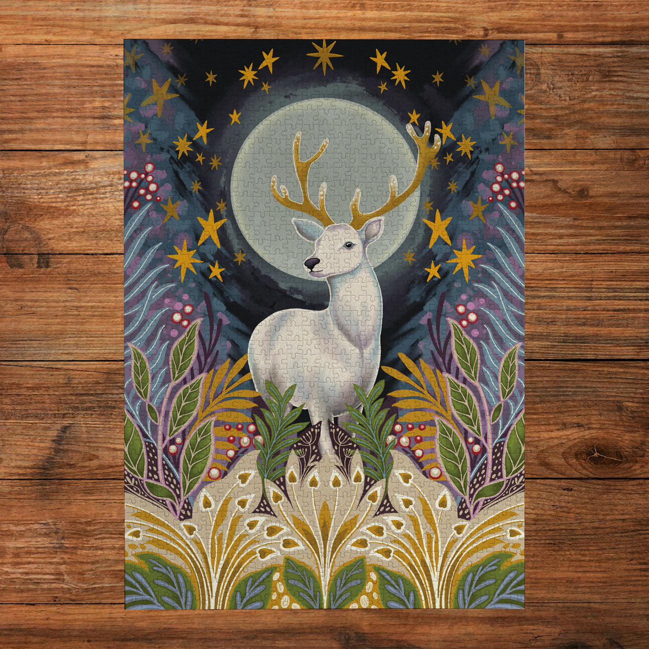 Decorative jigsaw puzzle design of a deer in a forest with stars on a wooden surface