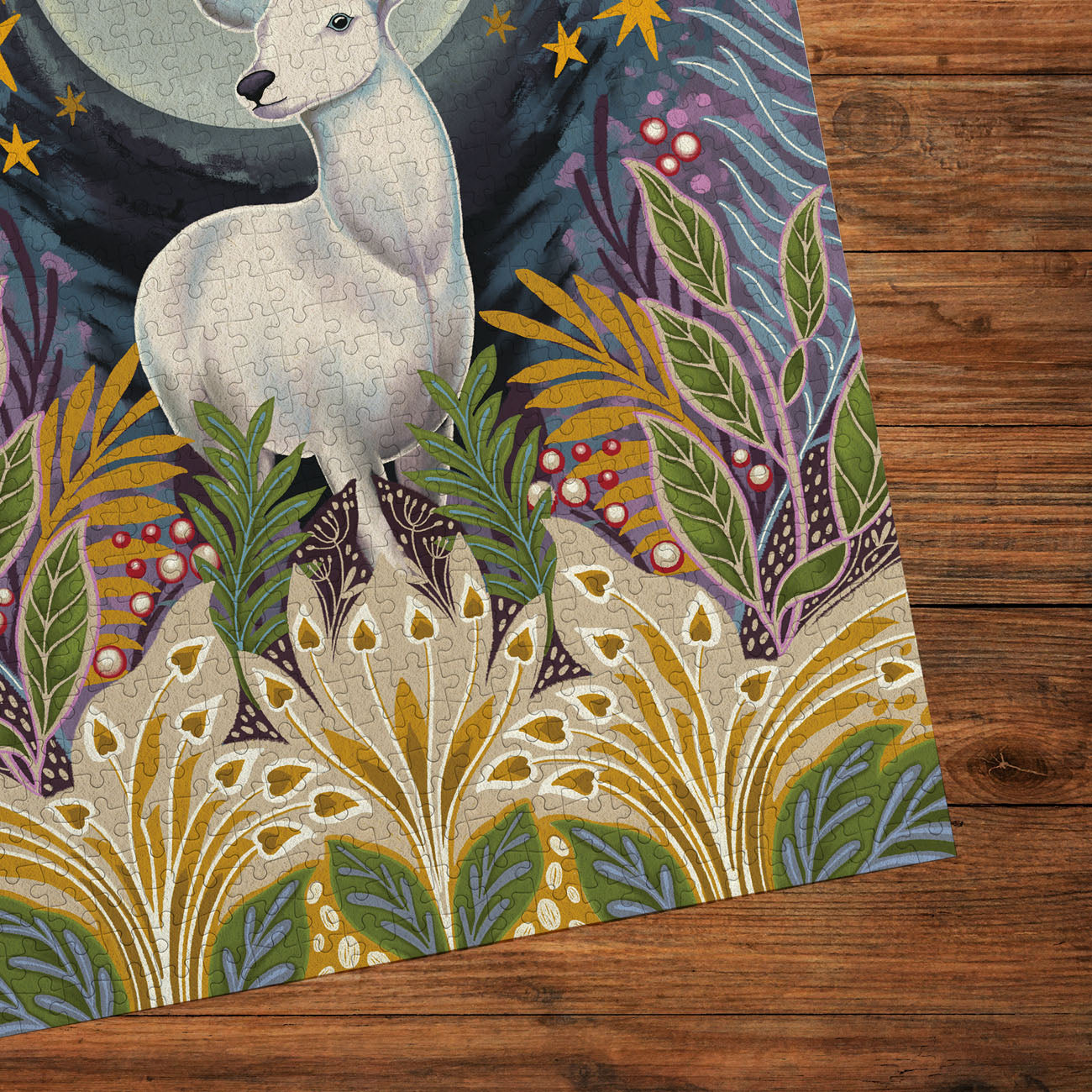 Jigsaw puzzle detail with a deer and nature design on a wooden surface