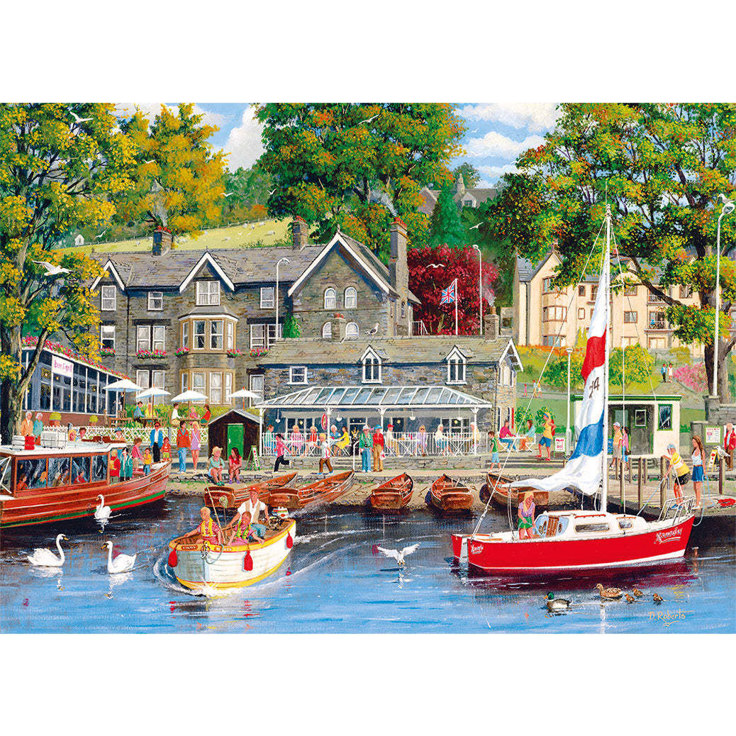 Harbor scene with boats, people, and buildings in a scenic setting - the Poster