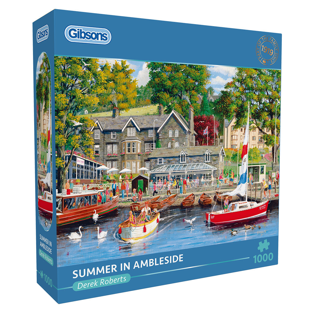 Gibsons 'Summer in Ambleside' puzzle box with a scenic illustration of a town by a lake.