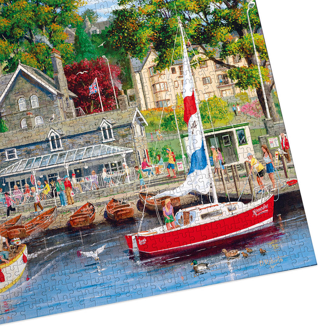 Jigsaw puzzle with a scenic layout featuring boats and buildings.