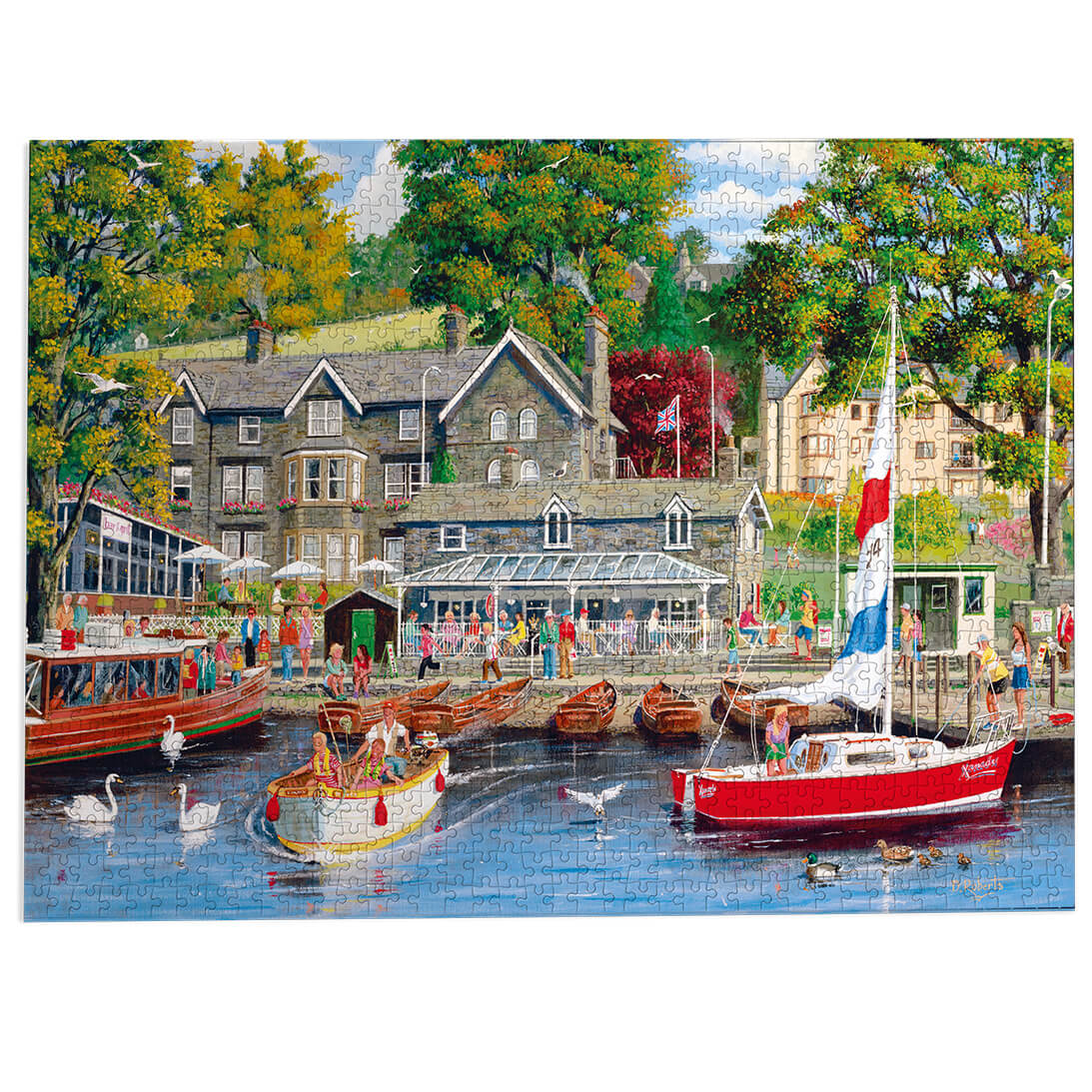 Jigsaw puzzle with a scenic harbor scene featuring boats and buildings.