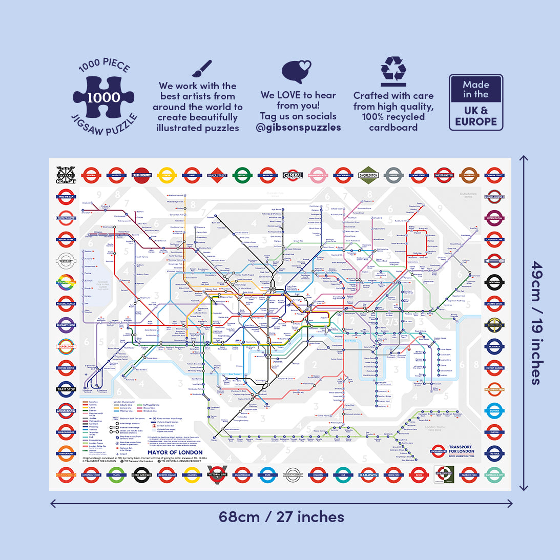 Jigsaw puzzle with a map of London's underground system on blue background with jigsaw details