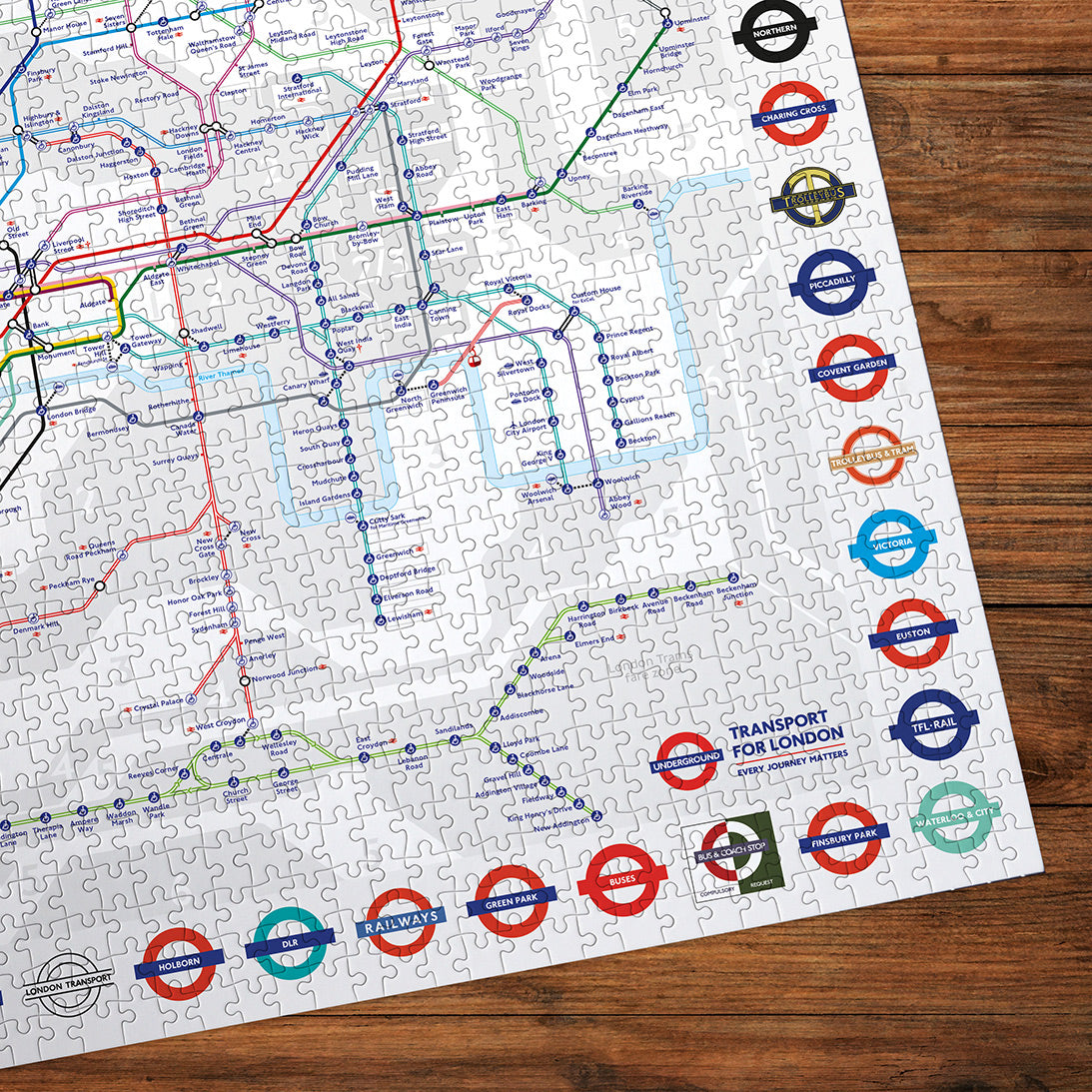 Lifestyle image of Jigsaw puzzle with a map of London's underground system corner detail