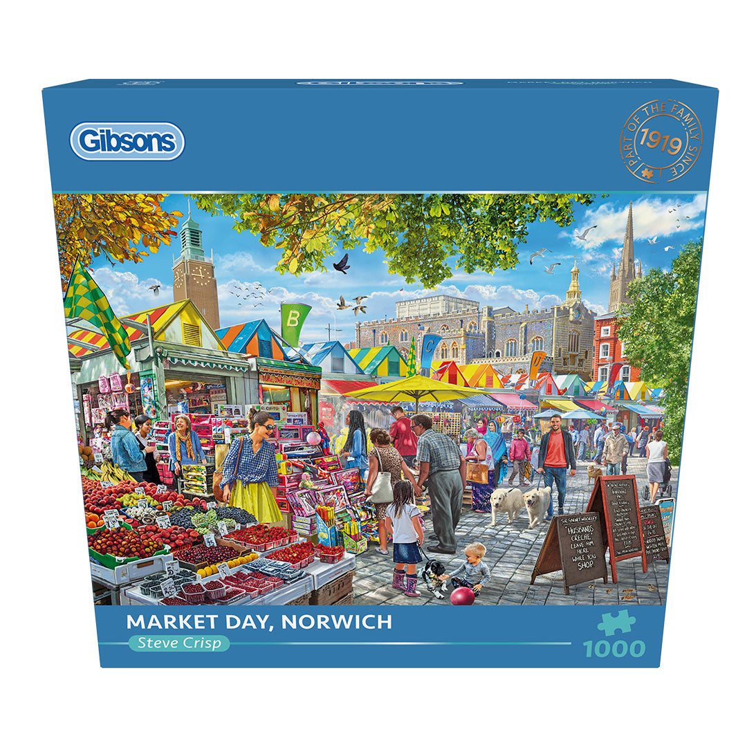Gibsons puzzle box featuring a colorful market scene with people and stalls.