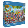 Gibsons puzzle box featuring a market scene in Norwich with colorful stalls and people.