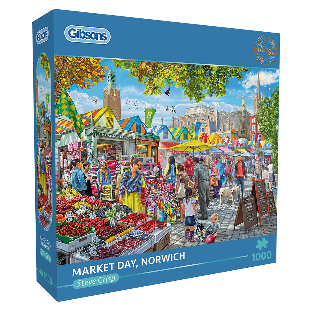 Gibsons puzzle box featuring a market scene in Norwich with colorful stalls and people.