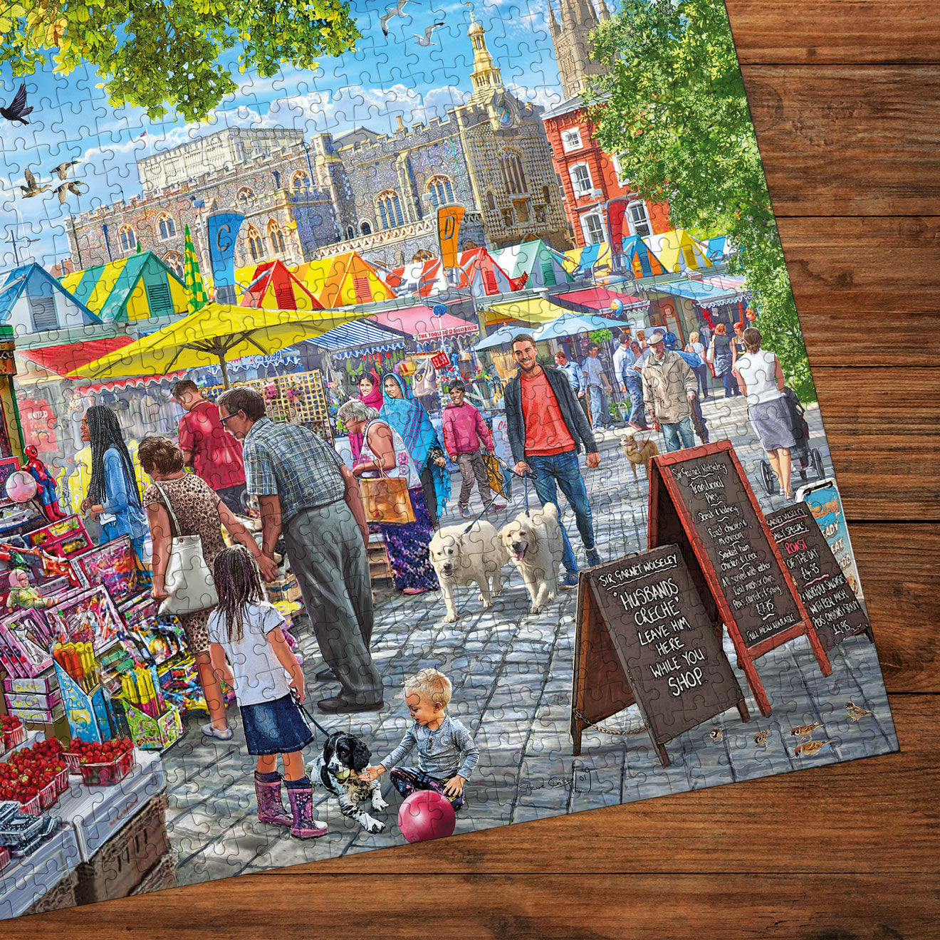 Colorful market scene with people and stalls on a wooden surface