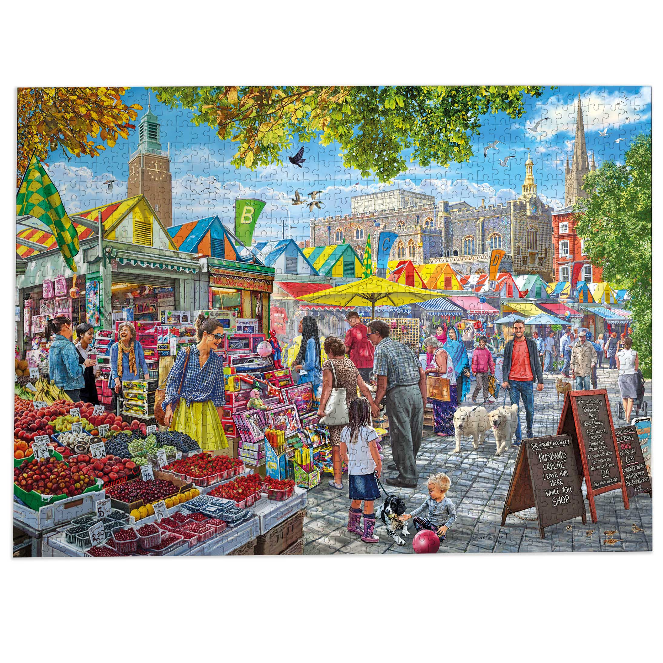 Colorful outdoor market scene with people and stalls in a town square.