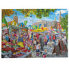 Colorful outdoor market scene with people and stalls in a town square.