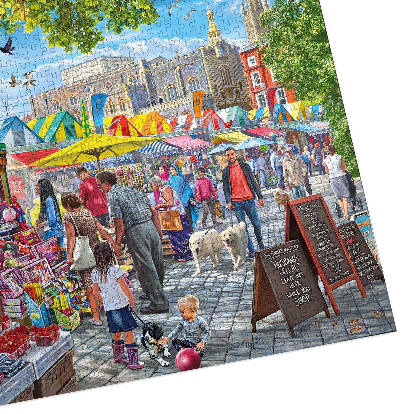 Colorful market scene with people, dogs, and stalls on a puzzle piece.