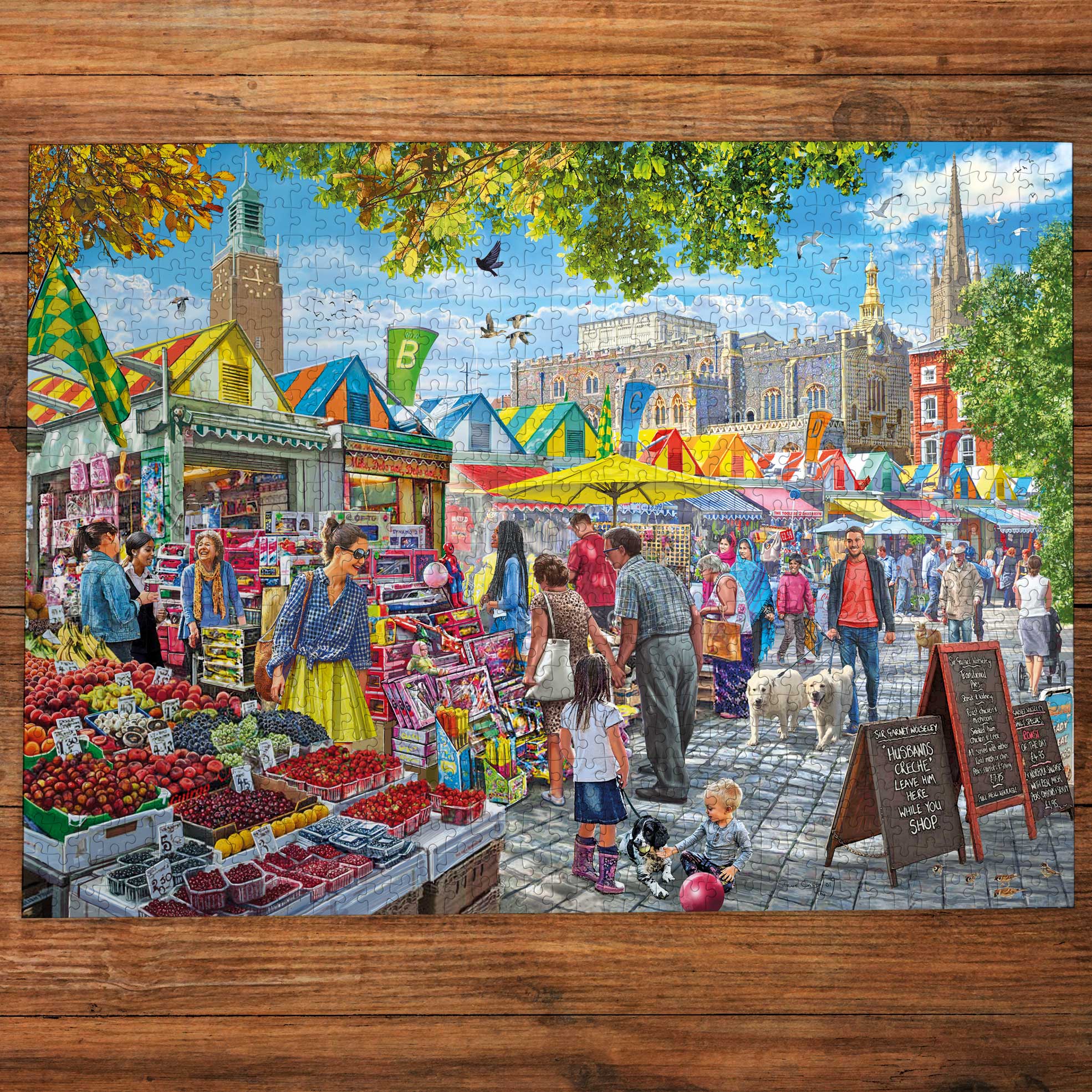 Colorful outdoor market scene with people and stalls on a wooden surface