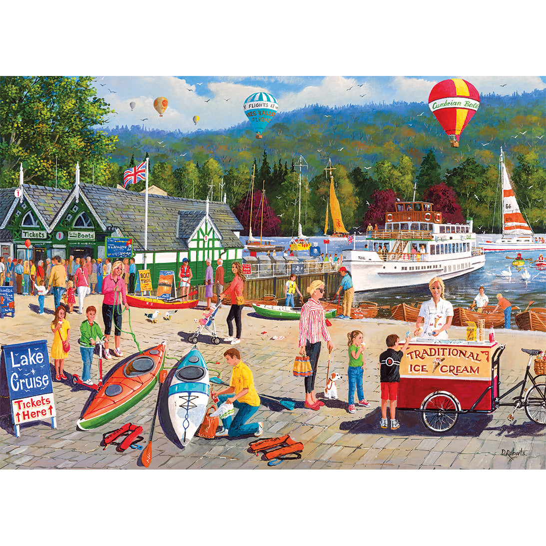 Colorful illustration of a lakeside scene with people, boats, and an ice cream cart.