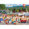 Colorful illustration of a lakeside scene with people, boats, and an ice cream cart.